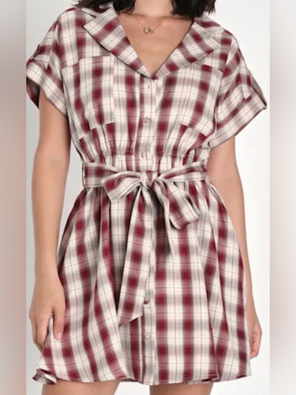 Lulu's Adorable Sensation Dark Red & Ivory Plaid Button Dress Size Small